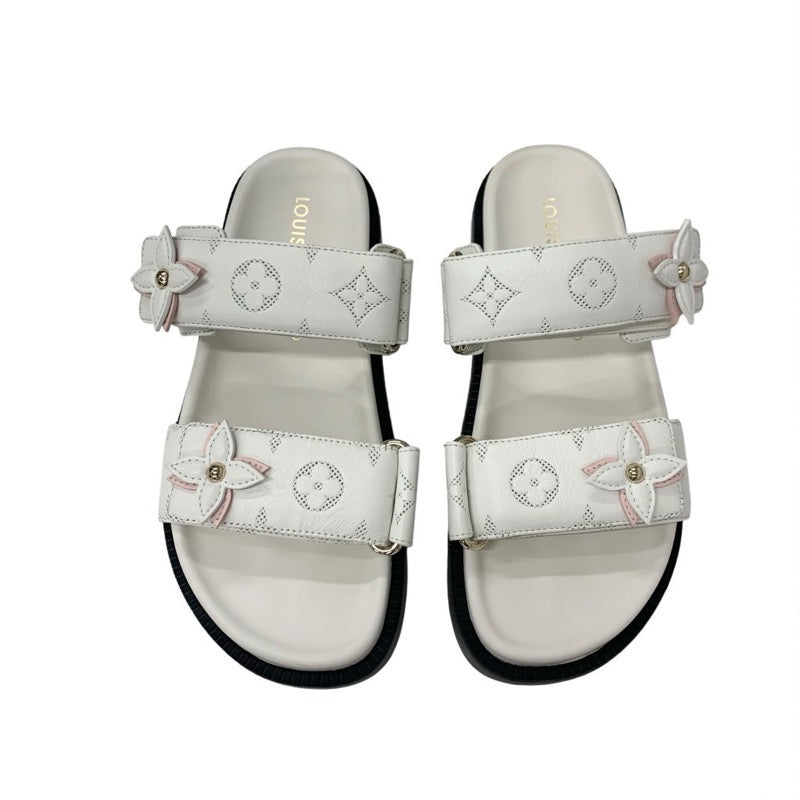 ルイヴィトン LOUIS VUITTON サンセットライン モノグラム サンダル 靴 シューズ レザー ホワイト ピンク 白 コンフォート ミュール フラット ベルクロ ストラップ
