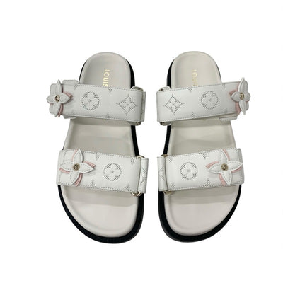 ルイヴィトン LOUIS VUITTON サンセットライン モノグラム サンダル 靴 シューズ レザー ホワイト ピンク 白 コンフォート ミュール フラット ベルクロ ストラップ