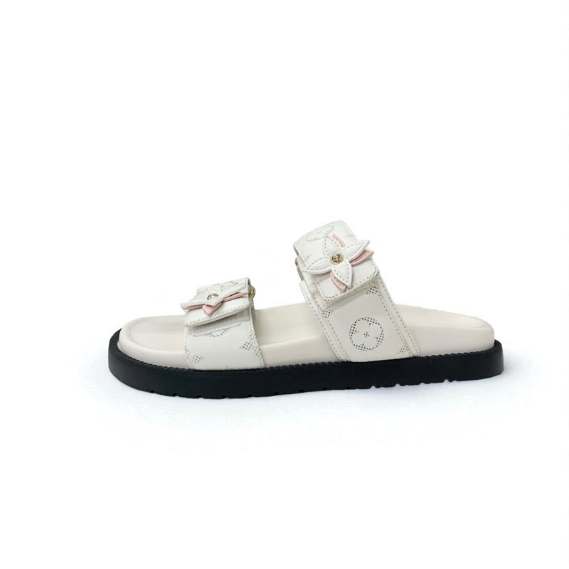 ルイヴィトン LOUIS VUITTON サンセットライン モノグラム サンダル 靴 シューズ レザー ホワイト ピンク 白 コンフォート ミュール フラット ベルクロ ストラップ