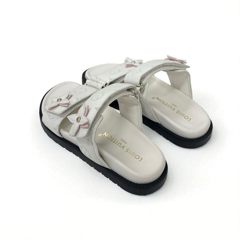 ルイヴィトン LOUIS VUITTON サンセットライン モノグラム サンダル 靴 シューズ レザー ホワイト ピンク 白 コンフォート ミュール フラット ベルクロ ストラップ
