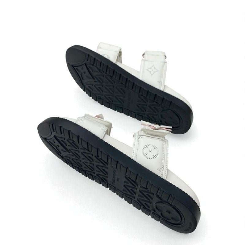 ルイヴィトン LOUIS VUITTON サンセットライン モノグラム サンダル 靴 シューズ レザー ホワイト ピンク 白 コンフォート ミュール フラット ベルクロ ストラップ