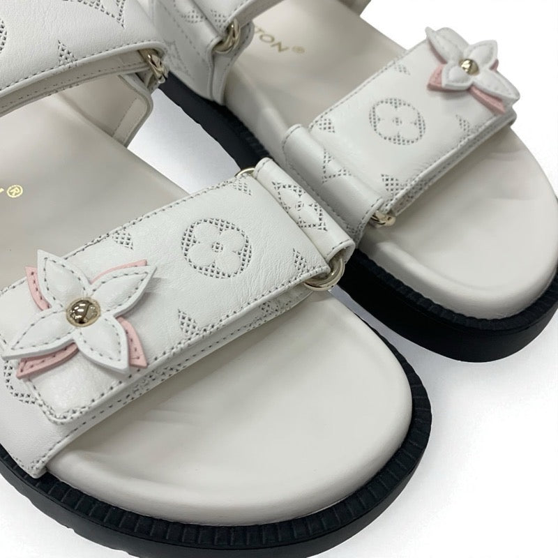ルイヴィトン LOUIS VUITTON サンセットライン モノグラム サンダル 靴 シューズ レザー ホワイト ピンク 白 コンフォート ミュール フラット ベルクロ ストラップ
