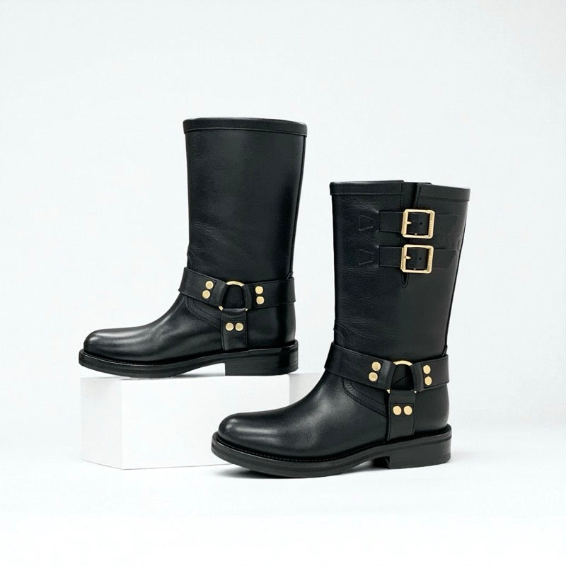 セリーヌ CELINE ハーネス ブーツ ショートブーツ 靴 シューズ レザー ブラック 黒 ゴールド トリオンフ ベルト ミッドバイカーブーツ