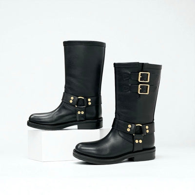 セリーヌ CELINE ハーネス ブーツ ショートブーツ 靴 シューズ レザー ブラック 黒 ゴールド トリオンフ ベルト ミッドバイカーブーツ