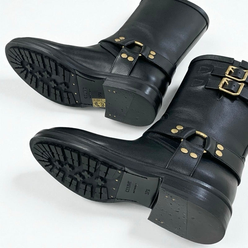 セリーヌ CELINE ハーネス ブーツ ショートブーツ 靴 シューズ レザー ブラック 黒 ゴールド トリオンフ ベルト ミッドバイカーブーツ