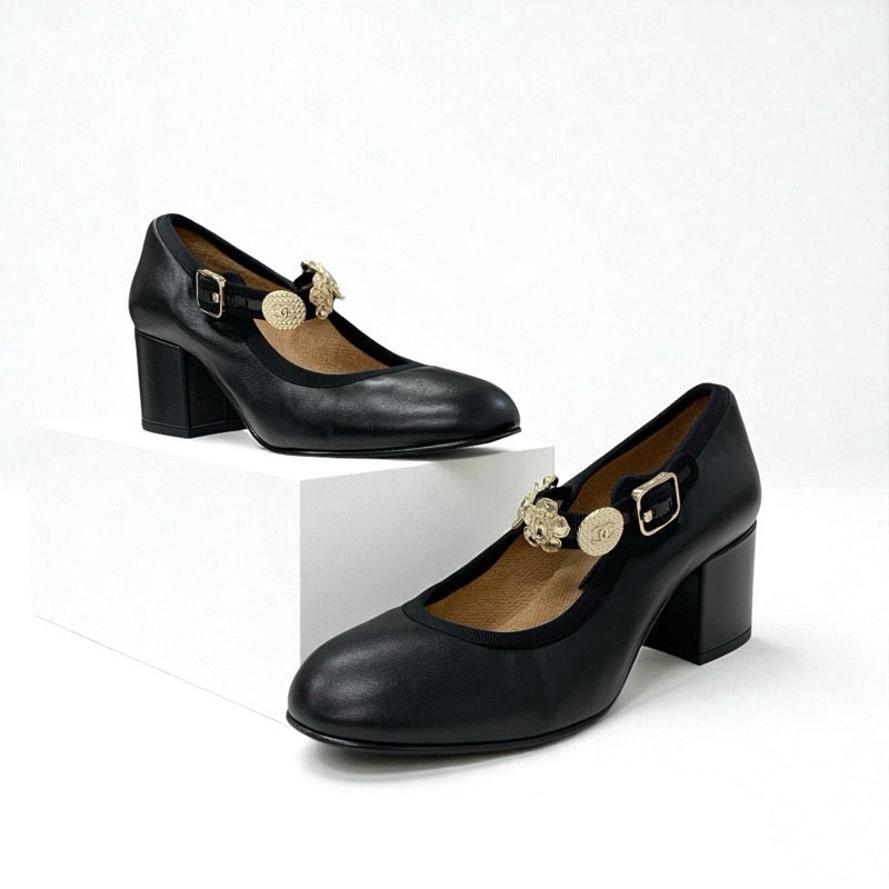 シャネル CHANEL パンプス 靴 シューズ レザー ブラック 黒 ゴールド メリージェーン ココマーク アイコンチャーム