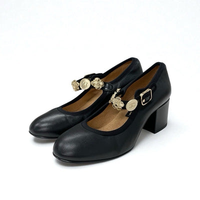 シャネル CHANEL パンプス 靴 シューズ レザー ブラック 黒 ゴールド メリージェーン ココマーク アイコンチャーム