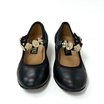 シャネル CHANEL パンプス 靴 シューズ レザー ブラック 黒 ゴールド メリージェーン ココマーク アイコンチャーム