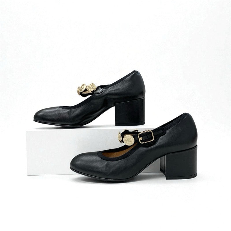 シャネル CHANEL パンプス 靴 シューズ レザー ブラック 黒 ゴールド メリージェーン ココマーク アイコンチャーム