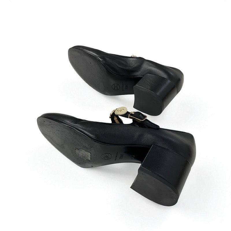 シャネル CHANEL パンプス 靴 シューズ レザー ブラック 黒 ゴールド メリージェーン ココマーク アイコンチャーム