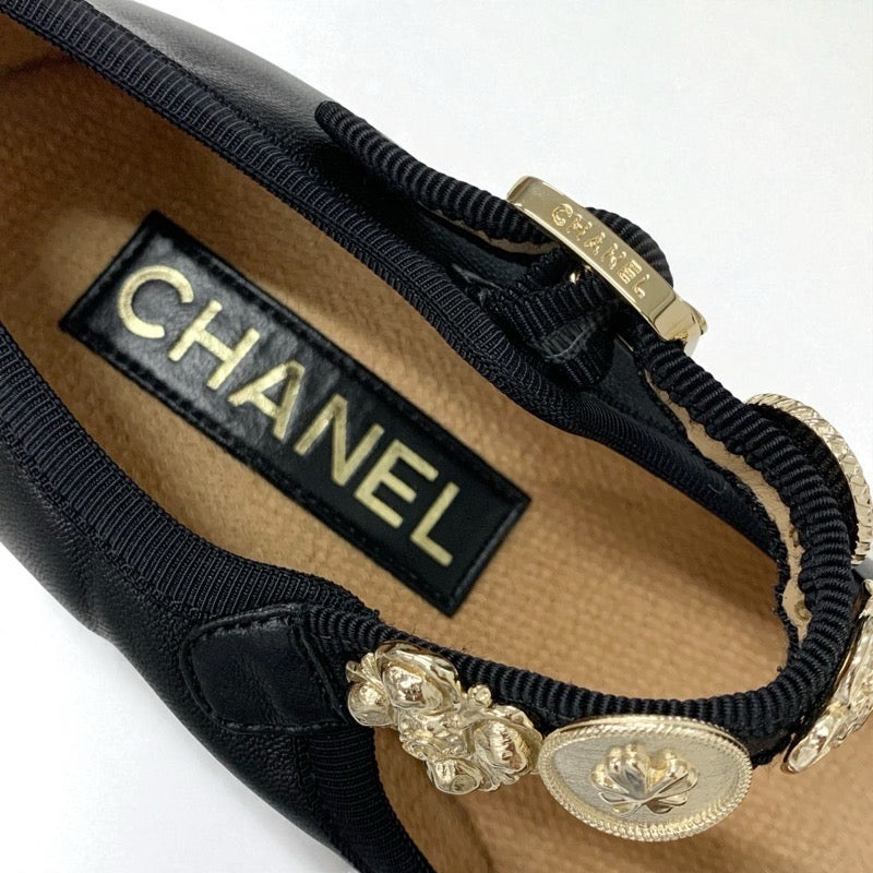 シャネル CHANEL パンプス 靴 シューズ レザー ブラック 黒 ゴールド メリージェーン ココマーク アイコンチャーム