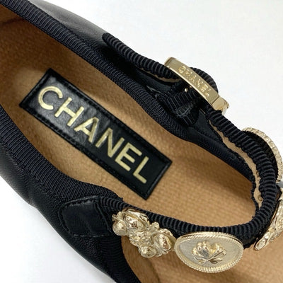 シャネル CHANEL パンプス 靴 シューズ レザー ブラック 黒 ゴールド メリージェーン ココマーク アイコンチャーム
