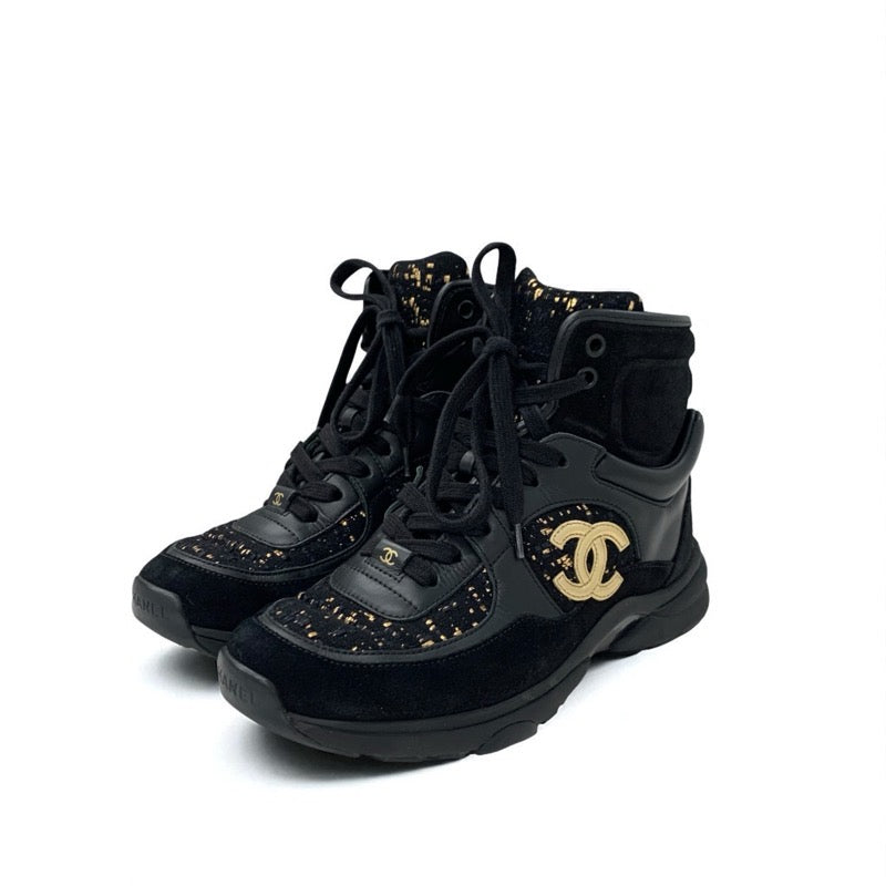 シャネル CHANEL スニーカー 靴 シューズ スエード ツイード ブラック ゴールド ココマーク ハイカット