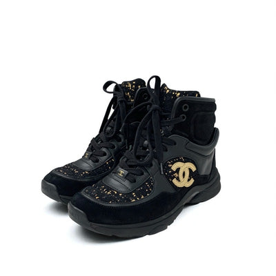 シャネル CHANEL スニーカー 靴 シューズ スエード ツイード ブラック ゴールド ココマーク ハイカット