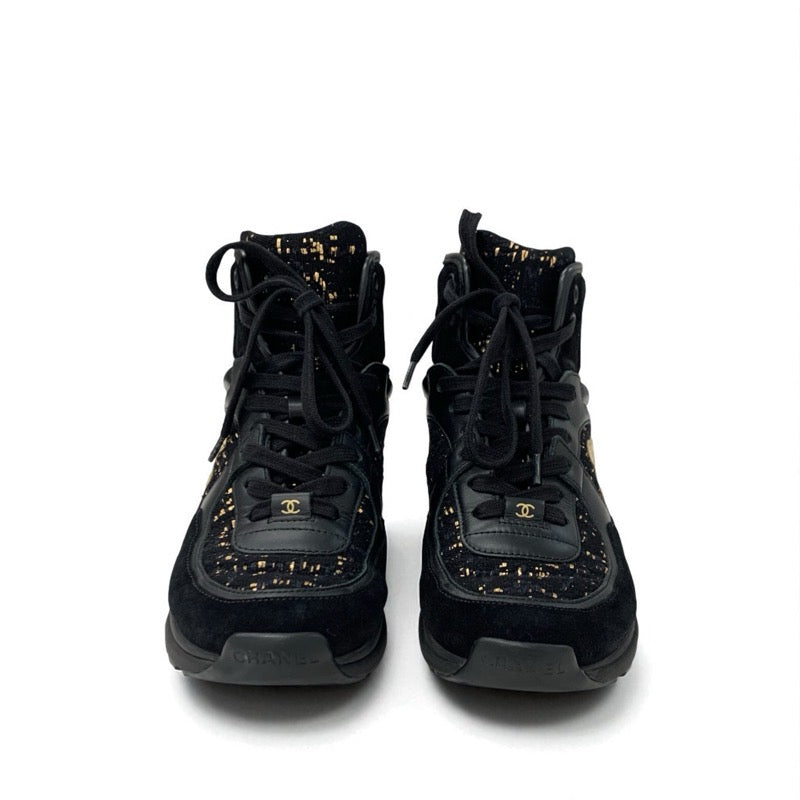 シャネル CHANEL スニーカー 靴 シューズ スエード ツイード ブラック ゴールド ココマーク ハイカット