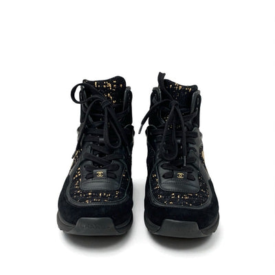 シャネル CHANEL スニーカー 靴 シューズ スエード ツイード ブラック ゴールド ココマーク ハイカット