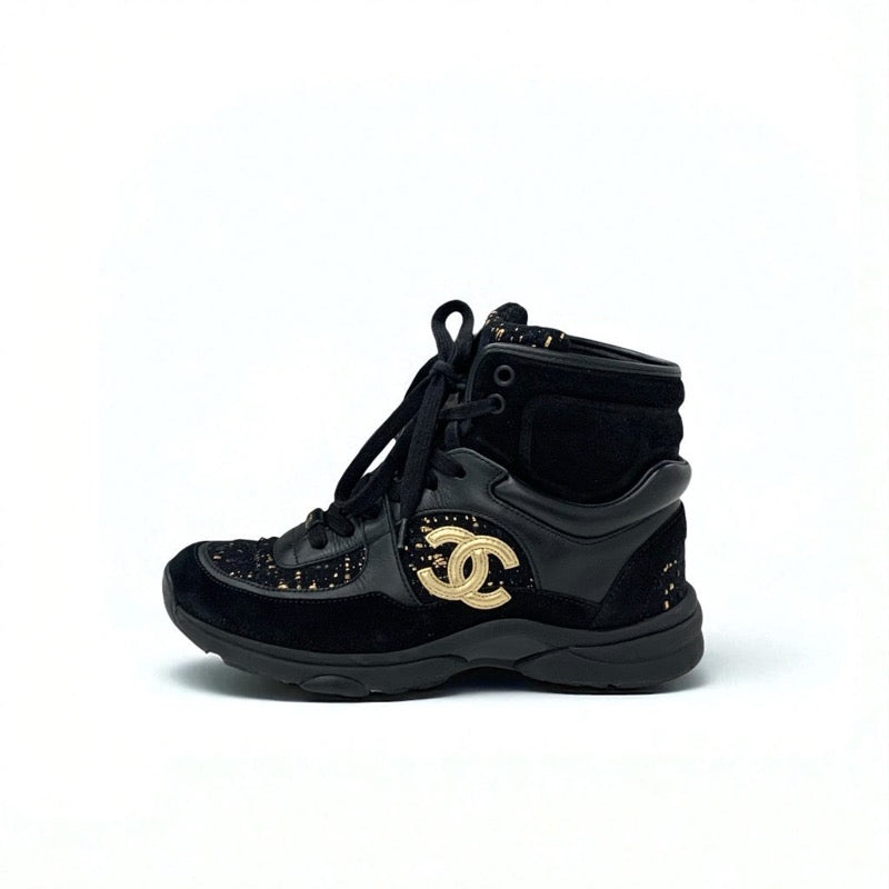 シャネル CHANEL スニーカー 靴 シューズ スエード ツイード ブラック ゴールド ココマーク ハイカット