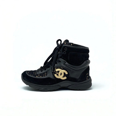 シャネル CHANEL スニーカー 靴 シューズ スエード ツイード ブラック ゴールド ココマーク ハイカット