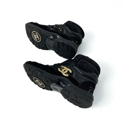 シャネル CHANEL スニーカー 靴 シューズ スエード ツイード ブラック ゴールド ココマーク ハイカット