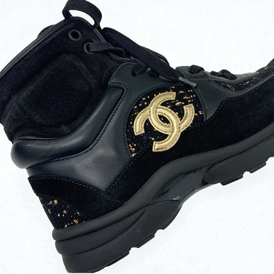 シャネル CHANEL スニーカー 靴 シューズ スエード ツイード ブラック ゴールド ココマーク ハイカット