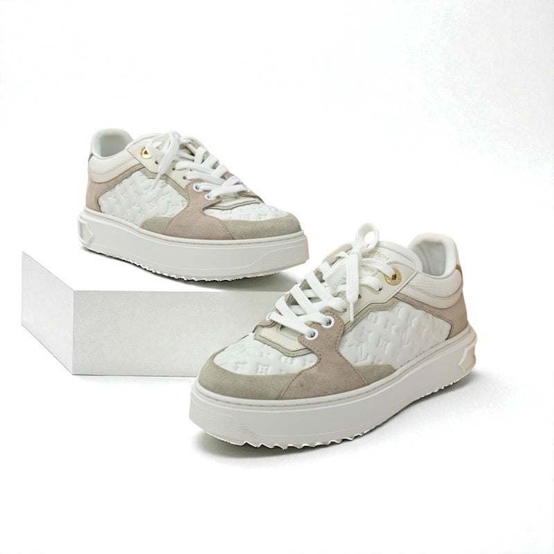 ルイヴィトン LOUIS VUITTON タイムアウトライン モノグラム スニーカー 靴 シューズ レザー スエード ホワイト ベージュ系 ピンクベージュ