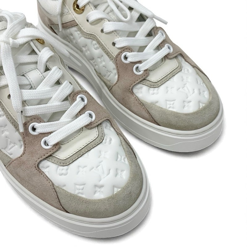 ルイヴィトン LOUIS VUITTON タイムアウトライン モノグラム スニーカー 靴 シューズ レザー スエード ホワイト ベージュ系 ピンクベージュ
