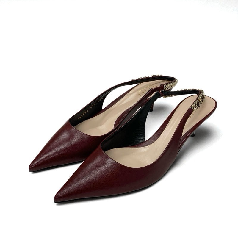 グッチ GUCCI シニョリーア パンプス 靴 シューズ レザー バーガンディ ゴールド 未使用 スリングバック ロゴ チェーン