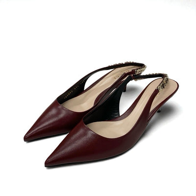 グッチ GUCCI シニョリーア パンプス 靴 シューズ レザー バーガンディ ゴールド 未使用 スリングバック ロゴ チェーン