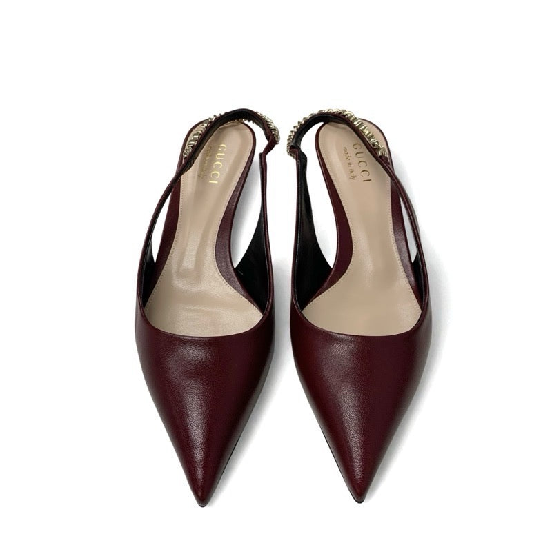 グッチ GUCCI シニョリーア パンプス 靴 シューズ レザー バーガンディ ゴールド 未使用 スリングバック ロゴ チェーン