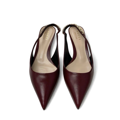 グッチ GUCCI シニョリーア パンプス 靴 シューズ レザー バーガンディ ゴールド 未使用 スリングバック ロゴ チェーン