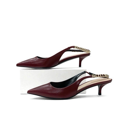 グッチ GUCCI シニョリーア パンプス 靴 シューズ レザー バーガンディ ゴールド 未使用 スリングバック ロゴ チェーン