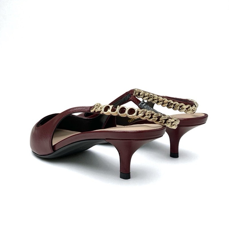 グッチ GUCCI シニョリーア パンプス 靴 シューズ レザー バーガンディ ゴールド 未使用 スリングバック ロゴ チェーン