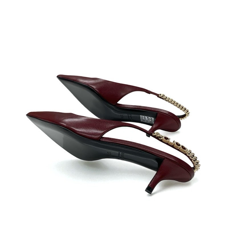 グッチ GUCCI シニョリーア パンプス 靴 シューズ レザー バーガンディ ゴールド 未使用 スリングバック ロゴ チェーン