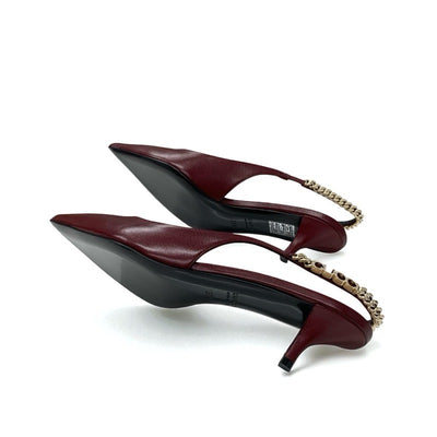 グッチ GUCCI シニョリーア パンプス 靴 シューズ レザー バーガンディ ゴールド 未使用 スリングバック ロゴ チェーン