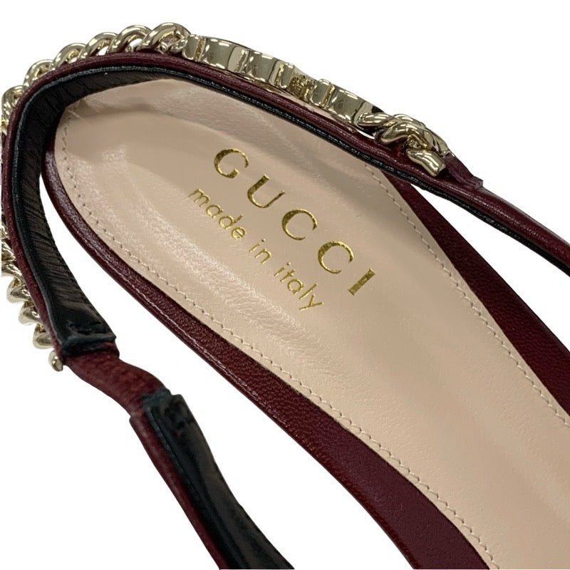 グッチ GUCCI シニョリーア パンプス 靴 シューズ レザー バーガンディ ゴールド 未使用 スリングバック ロゴ チェーン