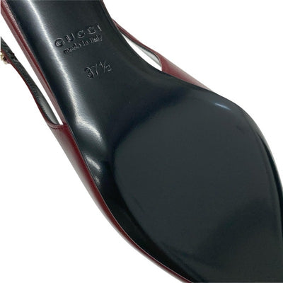 グッチ GUCCI シニョリーア パンプス 靴 シューズ レザー バーガンディ ゴールド 未使用 スリングバック ロゴ チェーン