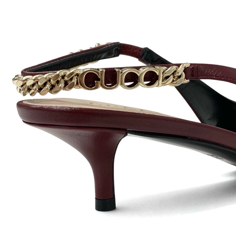 グッチ GUCCI シニョリーア パンプス 靴 シューズ レザー バーガンディ ゴールド 未使用 スリングバック ロゴ チェーン