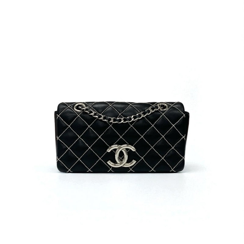 シャネル CHANEL バッグ ショルダーバッグ レザー ブラック 黒 シルバー ミニマトラッセ ココマーク シングルフラップ ダブルチェーン ビーズステッチ