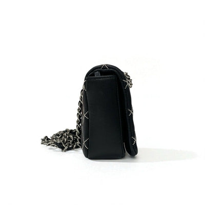 シャネル CHANEL バッグ ショルダーバッグ レザー ブラック 黒 シルバー ミニマトラッセ ココマーク シングルフラップ ダブルチェーン ビーズステッチ