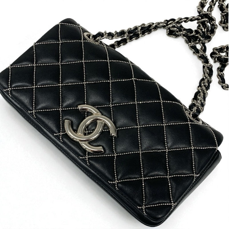 シャネル CHANEL バッグ ショルダーバッグ レザー ブラック 黒 シルバー ミニマトラッセ ココマーク シングルフラップ ダブルチェーン ビーズステッチ