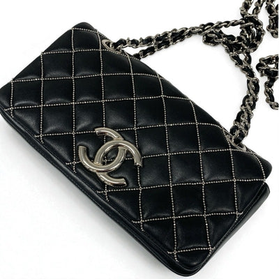 シャネル CHANEL バッグ ショルダーバッグ レザー ブラック 黒 シルバー ミニマトラッセ ココマーク シングルフラップ ダブルチェーン ビーズステッチ