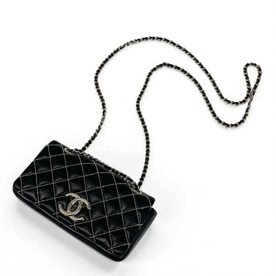 シャネル CHANEL バッグ ショルダーバッグ レザー ブラック 黒 シルバー ミニマトラッセ ココマーク シングルフラップ ダブルチェーン ビーズステッチ