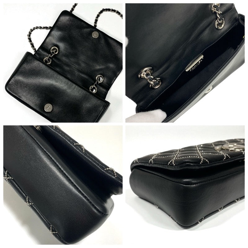 シャネル CHANEL バッグ ショルダーバッグ レザー ブラック 黒 シルバー ミニマトラッセ ココマーク シングルフラップ ダブルチェーン ビーズステッチ