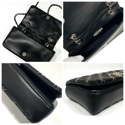 シャネル CHANEL バッグ ショルダーバッグ レザー ブラック 黒 シルバー ミニマトラッセ ココマーク シングルフラップ ダブルチェーン ビーズステッチ