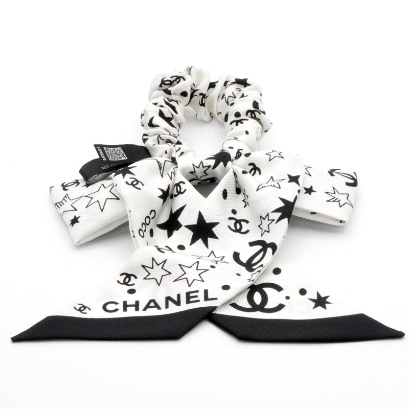 シャネル CHANEL ヘアアクセサリー ホワイト ブラック ココマーク ロゴ リボン シルク シュシュ ヘアゴム