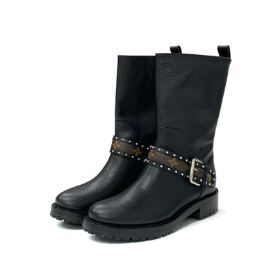 ルイヴィトン LOUIS VUITTON モノグラム ブーツ ショートブーツ 靴 シューズ レザー ブラック ブラウン ロゴ ベルト スタッズ アンクルブーツ