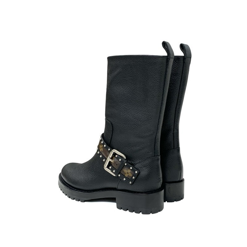 ルイヴィトン LOUIS VUITTON モノグラム ブーツ ショートブーツ 靴 シューズ レザー ブラック ブラウン ロゴ ベルト スタッズ アンクルブーツ