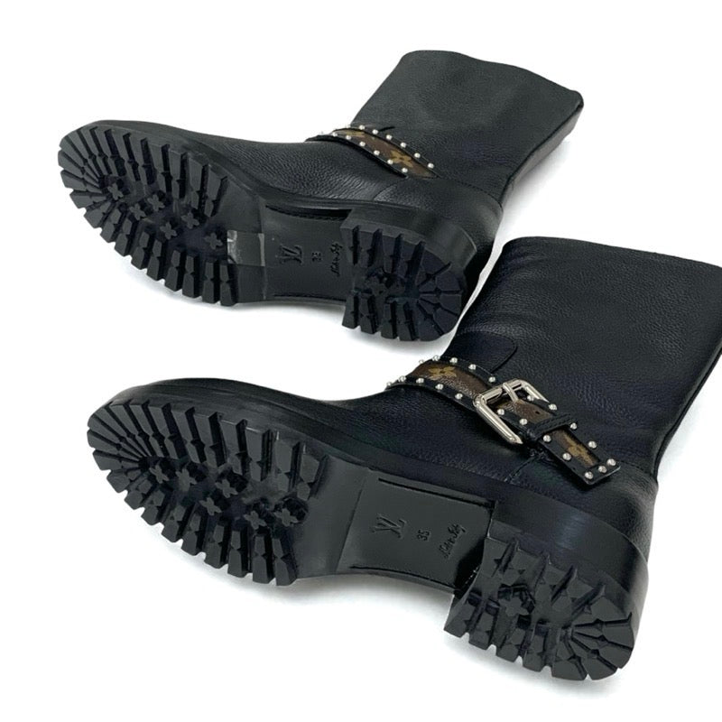 ルイヴィトン LOUIS VUITTON モノグラム ブーツ ショートブーツ 靴 シューズ レザー ブラック ブラウン ロゴ ベルト スタッズ アンクルブーツ