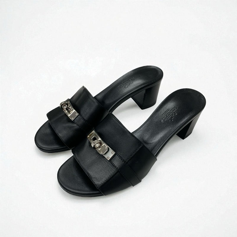 エルメス HERMES ジジ サンダル 靴 シューズ レザー ブラック シルバー ケリー金具 ミュール