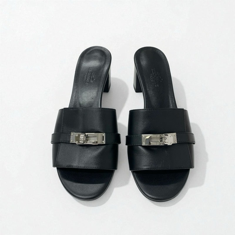 エルメス HERMES ジジ サンダル 靴 シューズ レザー ブラック シルバー ケリー金具 ミュール